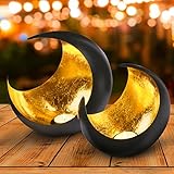 2er Set Windlicht Laterne orientalisch Moon Groß 20cm Gold | Orientalische Vintage Teelichthalter Schwarz von außen und Goldfarben innen | Marokkanische Windlichter aus Metall als Dekoration