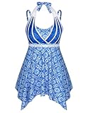 Hanna Nikole Tankini Sets Damen Neckholder V-Ausschnitt Sexy SoftCupss Badekleid Übergröße Blau-weißer Porzellandruck,58