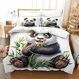 Panda frisst Bambus Bettwäsche Set 3 Teilig Kunst-Tiere Bettbezug Und Kissenbezug Mit Reißverschluss Bettwäsche 100% Mikrofaser Bettdecke Decken Weiche 3D Druck Für Jugendliche Kinder Single（140x200cm