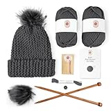 Stricksets für Anfänger und Erwachsene, praktisches und einfach zu verwendendes Mützen-Strickset mit Garn, Bambus-Stricknadeln, Kunst-Pom-Pom, komplettes Anfänger-Strickset, schönes Geschenk für