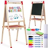 Kunst Staffelei für Kinder mit Zubehör- Doppelseitige hölzerne Tafel für Kinder mit magnetischer Kreidetafel, abwischbarem Whiteboard & Papierrolle, Kindertafel mit Kreide und Magnet 2-4 4-8 9-12