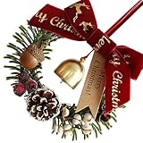 Festlicher Holzkranz mit Tannenzapfen, goldene Handglocken und Schleife, für drinnen und draußen, Weihnachtsdekoration, Urlaub, hängende Ornamente, Geschenke