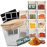 Stapelbare Gewürzgläser Set 210 ml Eckig - 12 Stück - Vorratsdosen aus Glas luftdicht - Bambus Holzdeckel - mit Etiketten & Kreidestift - Gewürzaufbewahrung, Küchenorganisation, Vorratsglas