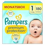 Pampers Baby Windeln Größe 1 (2-5kg) Premium Protection, Newborn, HALBMONATSBOX, bester Komfort und Schutz für empfindliche Haut, 180 Stück