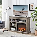 Minifeel Kamin-TV-Ständer für Fernseher bis 65 Zoll, Bauernhaus Entertainment Center mit 58,4 cm Kamin & LED-Lichtern, rustikale Medienkonsole mit Schiebetür und offenen Regalen