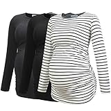 Smallshow Women's Umstandsmode Lange ärmel Umstandsshirt Maternity Tops 3er Pack,Black-Deep Grey-White Stripe,M