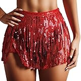 2024 AI – Frauen kurze Pailletten Fransen Cover Up Rock Beach Wrap Bikini Shiny Wraps Cover Ups für Bademode Bikini Transparent Sexy Frech Hot, rot, XXL