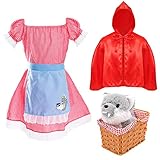Roter Umhang für Kinder – Größe XL – rotes Gingham-Kleid, roter Kapuzenumhang, roter Gingham-Korb und Plüschwolf – Mädchen Welttag Buchwoche Kostüm