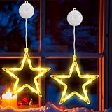 BrizLabs Weihnachtsdeko Fenster Lichter, 2 Stück 10 LED Sterne Weihnachtsbeleuchtung Batterie Innen Weihnachtsstern Lichterkette 8 Modi Timer Saugnäpfe für Aussen Balkon Party Hochzeit Deko, Warmweiß