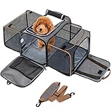 Lekesky Erweiterba Transportbox Katze Hund, Faltbare Katzentransporttasche Hundetasche mit Waschbare Matte und Sicherheitsleine, Grau