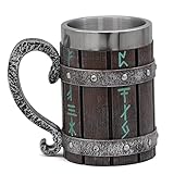 GuoShuang GUASHUAN VikingHolzfass Bierkrug -Edelstahl coole kaffeetasse- Eimerförmiges Trinkgeschirr mit Griff, 14,3 cm lang, 600 ml Volumen Wikinger Becher Wikingergeschenk