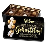 Pralinendose personalisiert mit Namen & Wunschtext „Alles Gute zum Geburtstag“ – moderne Geburtstagskarte mit Schokolade – Metalldose mit 12 Confiserie-Pralinen – Geburtstagsgeschenke eigene Widmung