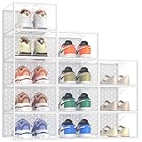 Pinkpum Schuhboxen Stapelbar Transparent, 12Stück Faltbar Hartplastik Schuhkarton mit Deckel mit PP Türrahmen, Schuh-Organizer Schuhaufbewahrung für Stöckelschuhe, Stiefeletten, bis Größe 44 Weiß