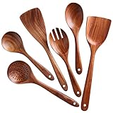 NAYAHOSE Holz Kochbesteck-Set, Premium Küchenutensilien-Set aus 100% Natürlichem Teakholz, Antihaftbeschichtet Kochlöffel Holz, Kochlöffel und Pfannenwender, Salatgabel 6-Teiliges-Set