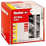 fischer Spreizdübel SX 8 Plus x 65, Schachtel mit 50 Nylondübeln, Dübel für optimalen Halt bei Befestigungen in Beton, Vollziegel, Porenbeton, Hochlochziegel uvm.