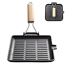Chingcoo Steakpfanne Gusseisen 20×20 cm Grillpfanne mit Klappbarem Holzgriff Viereckige Grill Pan Induktion Für Alle Herdarten Camping Outdoor Küche Leicht zu Reinigen