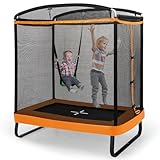 COSTWAY 2 in 1 Kindertrampolin mit Schaukel, Gartentrampolin rechteckig mit Sicherheitsnetz & Randabdeckung, Indoor-/Outdoortrampolin für Kinder bis 100kg Belastbar (Orange)