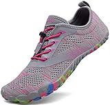 Barfussschuhe Frauen Schnell Trocknend Trail Laufschuhe Damen Leicht Fitnessschuhe Barfuß Zehen Sport Outdoor Schuhe Fliegender Stoff Rosa Gr.40