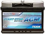 Autobatterie 75Ah AGM Ersetzt 70Ah 12V, Start-Stop Starterbatterie, Kfz Batterie, Pkw Batterie Starterbatterien AGM Batterie Battery 70 Ah Electronicx