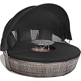 COSTWAY Ø185cm Sonneninsel Rattan mit Dach und Tisch, Sonnenliege für 2 Personen, Gartenliege mit Sitz- und Rückenkissen, Lounge Möbel Outdoor, runde Liegeinsel für Garten, Terrasse (Schwarz)
