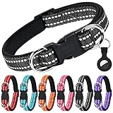 AUAUY Reflektierend Halsband Hund, Verstellbares Atmungsaktives Hundehalsband, Weich Gepolstertes Neopren Nylon Hunde Halsband mit AirTag-Hülle Doppel-D-Ring für Kleine Mittel Große Hunde(Schwarz-S)