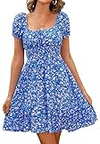 Livonmone Damen Kleid Lässig Sommerkleid Blumendruck Hohe Taille Kleider Puff Ärmel Retro Sexy Casual Tunika Beach Minikleid (Blau, XL)