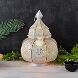 Marrakesch Lampe und Laterne in einem aus Metall 30 cm groß | Tischlampe Windlicht Lamisa Weiß als Orientalische Dekoration