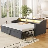 ZIDEY Polsterbett Schlafsofa 90/180×190 mit Ausziehbett, LED, USB, Tagesbett mit Staufach, Daybett, Einzelbett, Funktionsbett Stauraumbett Gästebett Jugendbett, ohne Matratze, Dunkelgrau