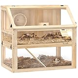 PawHut Hamsterkäfig aus Holz 3 Etagen 80 x 50 x 76 cm Nagerkäfig Kleintierkäfig mit Wippe Laufrad Hütte tiefem Untergeschoss Mäusekäfig für Zwerghamster Naturholz