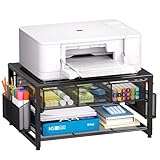 Marbrasse 2-Tier Druckerständer und Aufbewahrung,Monitor Stand with Drawer and 2 Pen Holders,Büroartikel Organizer aus Metall,Mehrzweck Schreibtisch Organizer für Faxgerät Scanner Computer (Schwarz)