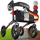 ELONEO Rollator faltbar und leicht mit Sitz, Outdoor Rollator mit Luftbereifung inkl. Sitzfläche, Rückengurt, höhenverstellbare Gehhilfe aus Aluminium inkl. Tasche und Stockhalter Rot