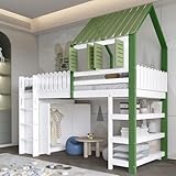 ZYLDDS Kinderbett Etagenbett 90x200, Hochbett Hausbet mit Leiter, Multifunktionsbett mit Dach und Fenster, Stockbett Spielbett Jugendhochbett mit Lattenrost und Rausfallschutz, Ohne Matratze, Weiß