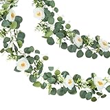 Woltoy 2 Stück Eukalyptus blumengirlande deko, Künstliche Blumengirlande mit künstlichen Rosen, Kunstblumen Hängepflanze Eukalyptus Girlande für Haus, Garten, Party, Hochzeit und Büro Dekorati