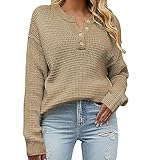 rtdgcv Strickweste Damen Casual Damen Pullover Und Strickjacken Damen-Strickjacke, einfarbig, Knopfkragen, lockere Langarm-Strickjacke Sportliche Pullover Damen Damen Pullover Knopfleiste (Khaki, M)