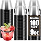 Tczecoo 100 Stück Partybecher mit Schwarz Rand, 9oz Klare Rimmed Trinkbecher, Heavy Duty Elegante Party Tassen, Wiederverwendbare Trinkbecher für Parties Geburtstag Hochzeit Camping Feiern(Schwarz)