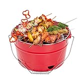 Uten Grill Tragbarer Grilleimer mit Griff, Leckeres BBQ, Picknickgrill mit Großer Grillfläche, Holzkohle, Durchmesser 27,5 cm, Geeignet für 1-4 Personen, Rot