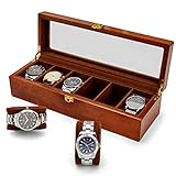 Premium Uhrenbox für Herren aus 100% Echtholz mit Platz für 6 große Uhren - Elegante Aufbewahrungsbox aus Holz mit 100% Glas Fenster