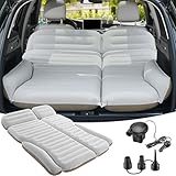 KMZ SUV Luftmatratze Doppelseitige Dickere Beflockung Auto-Bett – Bewegliche Aufblasbare Matratze für Camping & Reisen mit 2 Kissen & Elektrische Luftpumpe (Weiß und Kaffee)