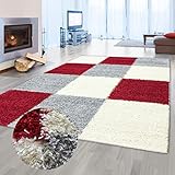 Flauschiger Shaggy-Teppich Hochflor mit Karomuster in rot grau Creme 140x200cm