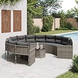 Homgoday Gartensofa mit Tisch und Kissen Rund Grau Poly Rattan Gartenlounge, Lounge Sofa, Balkon Lounge Balkonmöbel, Gartenmöbel, Loungemöbel