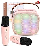 Karaoke Maschine mit 2 Drahtlosen Mikrofonen, Tragbares Bluetooth Karaoke Maschine für Kinder Erwachsene mit Stimme wechselnde Effekte LED-Lichter Jungen Mädchen Geschenke Heimparty (Rosa)