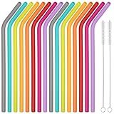 16 Stück Silikon Strohhalme, Trinkhalme Wiederverwendbar Bunte Silikonstrohhalme mit 2 Strohhalm Reinigungsbürste, für Cocktails, Säfte, Milchtee