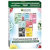 Garnier Tuchmasken Set für jeden Hauttyp, 7 Gesichtsmasken für trockene bis normale Haut, Vegane Formel mit Hyaluronsäure, Hydra Bomb und Nutri Bomb Maskenset, 7 x 28 g