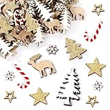 BOFUNX 108 Stücke Weihnachten Streudeko Mini Holzdeko Glitzer Weihnachtsdeko Klein Holz Konfetti für Weihnachten Deko Tischdeko DIY Handwerk