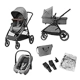 Maxi-Cosi Zelia S Trio Kinderwagen 3 in 1 Komplettset, 0-4 Jahre, bis 22 kg, Zusammenklappbar, Kompakt, Verstellbarer Baby Kinderwagen, mit CabrioFix S i-Size Babyschale,Zubehör, Wickeltasche (Grey)