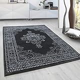 HomebyHome Teppich Wohnzimmer 120x170 cm Grau Teppich Vintage Look Orient Ornament Edle Bordüre Design Extra Weich Teppich Schlafzimmer Esszimmer - Teppich Orientalisch Muster - Rug