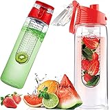Retoo 700ml Wasserflasche mit fruchteinsatz aus Tritan, BPA-frei Trinkflasche mit Früchtebehälter, Aufklappbarer Deckel mit Tragegriff, Wasser Flasche für Fruchtschorlen, Groß Sportflasche (Rot)