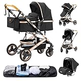 YAZOCO kinderwagen 3 in 1 Buggy Babybett Komplett Set Einem Klick Zusammenklappbarer Kinderwagen, KombiKinderwagen Aluminiumrahmen für Neugeborene (Schwarz)