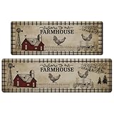 CHICNOOK Farmhouse Küchenteppich, Anti-Ermüdung, waschbar, rutschfest, Küchenmatte, Bauernhaus-Hahn, Küche, Bodenmatte, PVC-gepolsterte Küchenbodenmatten, Größe 45,7 x 121,9 cm + 45,7 x 152,4 cm, 2