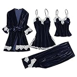 Pyjama Damen 4-Teiliges Stickerei Schlafanzüge Hausanzug Bademäntel Hausmantel Schlafanzugset Sleepwear Loungewear Nachthemd Set Morgenmantel Hose Kleid Elegant Spitze Nachtwäsche